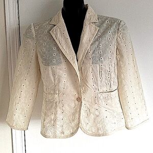 EYELET/Lace crème cotton summer jacket 3/4 Length sleeve Button down Size Medium